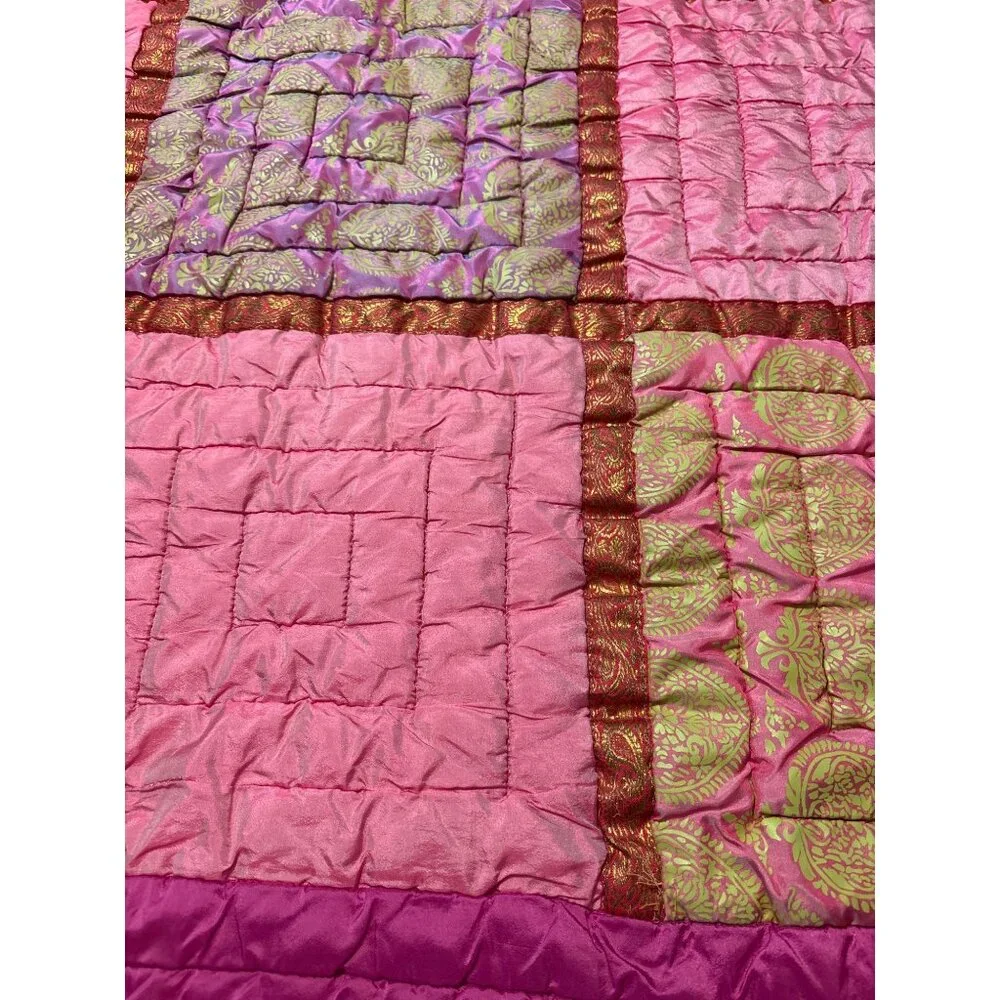 Handcrafted Pink & Gold Patchwork Quilt 43x43 Inches‎